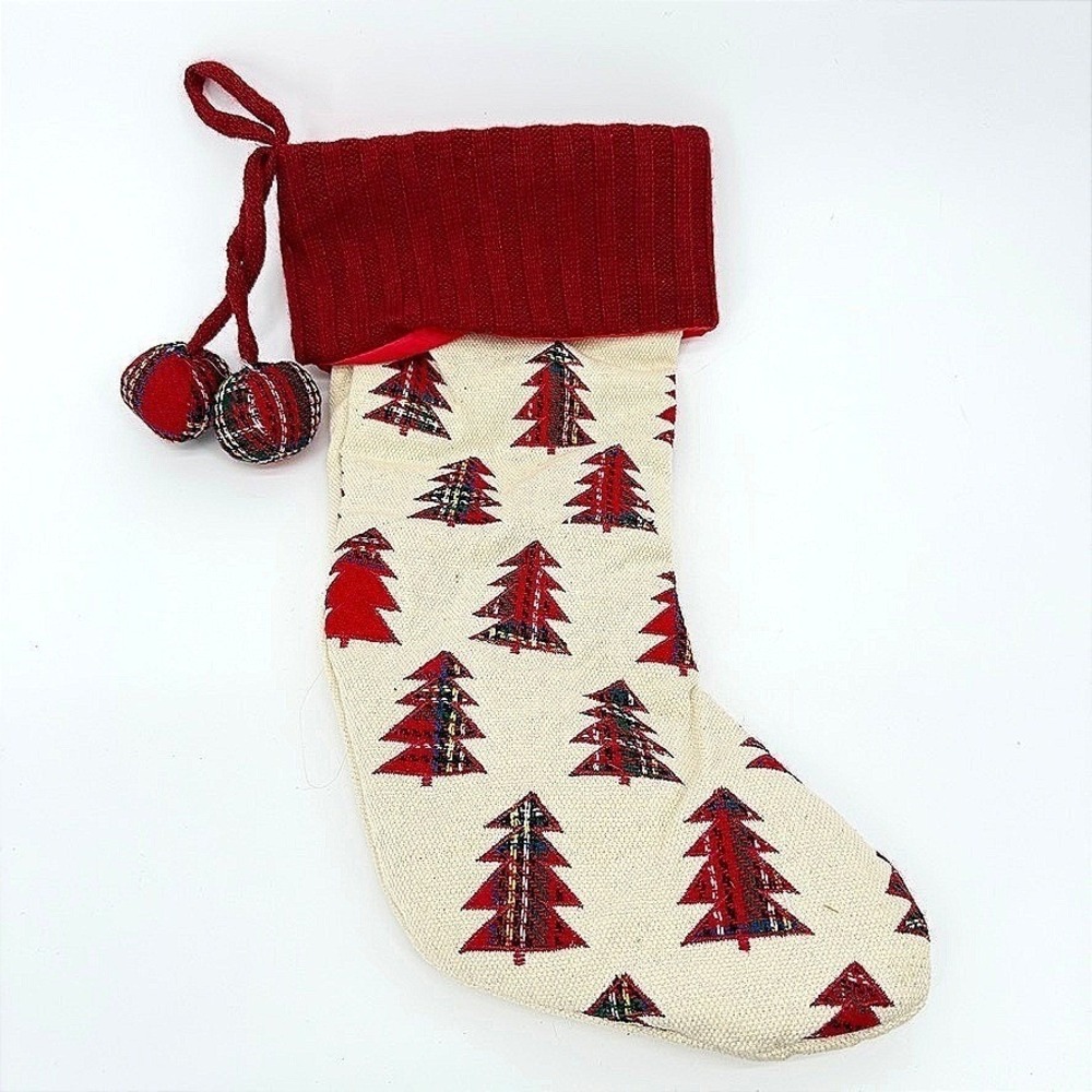 Christmas Stocking Plaid Holiday Tree Canvas Plaid Pom Poms Festive Decor